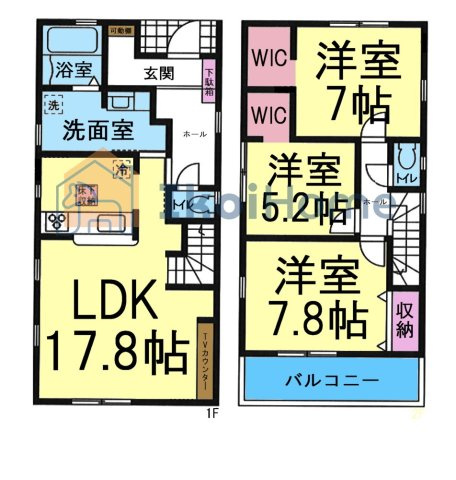 魚住町西岡22期　新築戸建　の間取り|WIC2か所で収納充実！雨の日も安心のインナーバルコニー完備は魅力的です！