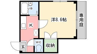 【間取り】 | WINS 弐番館 | 広々8帖のお部屋。2面窓があり、通風が良いですよ。室内洗濯機置場。バス・トイレ別です。