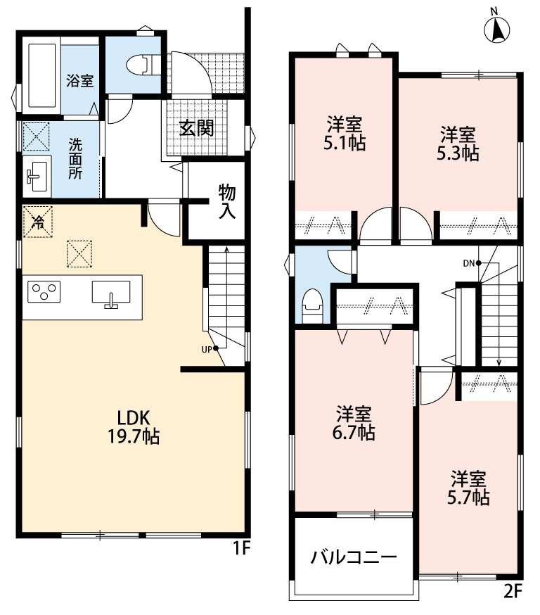 小牧市小牧２丁目　新築戸建　１号棟の間取り|LDK19.7帖。リビング階段。
雨戸シャッター付き。