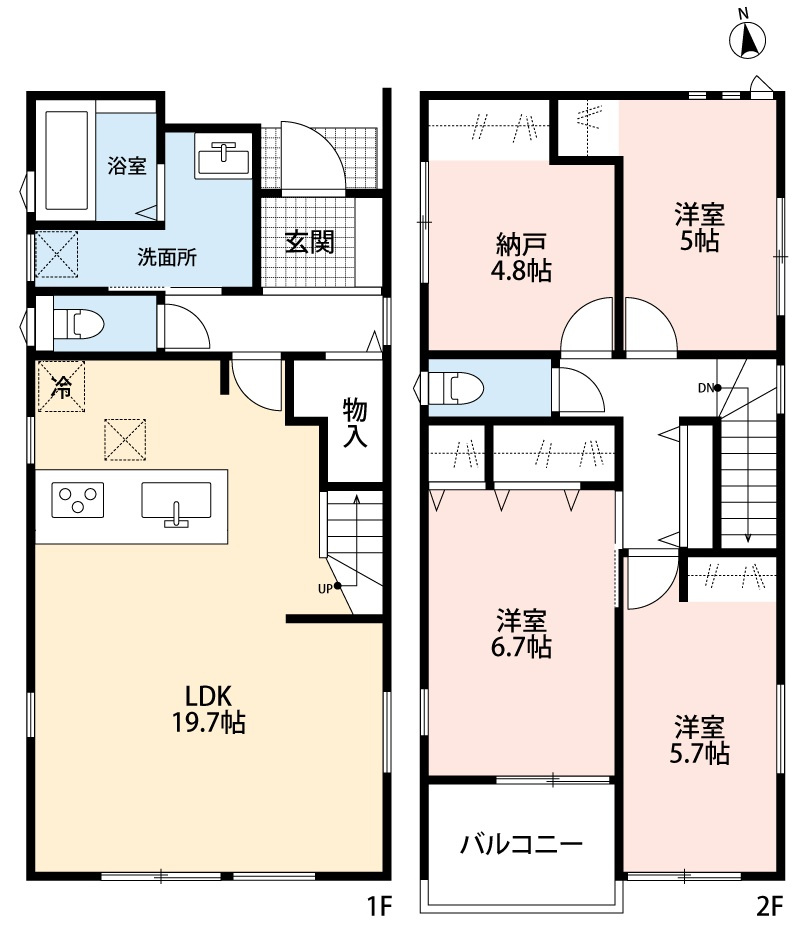 小牧市小牧２丁目　新築戸建　２号棟の間取り|LDK19.7帖。リビング階段。
雨戸シャッター付き。4.8帖の納戸あり。