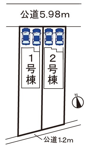 小牧市小牧２丁目　新築戸建　２号棟の区画図|駐車場並列２台可。南面に広々お庭あり。