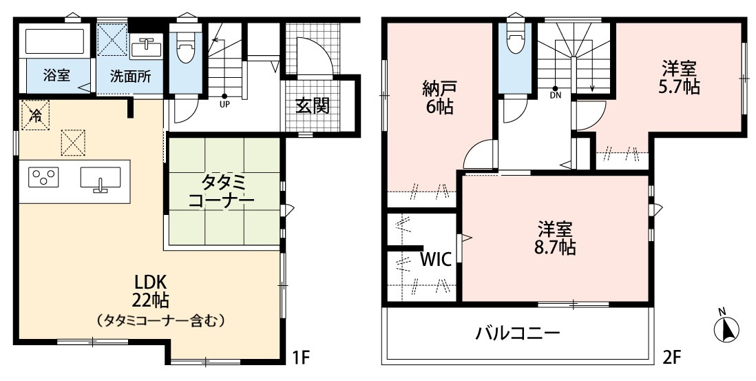 小牧市中央３丁目　新築戸建　１号棟の間取り|タタミコーナー付の広々22帖のLDKです。
ウォークインクローゼットあり。納戸６帖あり。