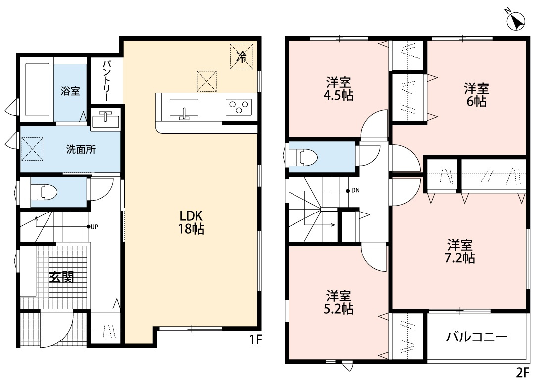 小牧市藤島1丁目　新築戸建　1号棟の間取り|LDK18帖にパントリーあり。雨戸シャッター付き。