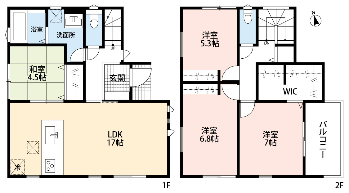 小牧市中央３丁目　新築戸建　２号棟の間取り|LDK17帖。和室4.5帖あり。
ウォークインクローゼットあり。