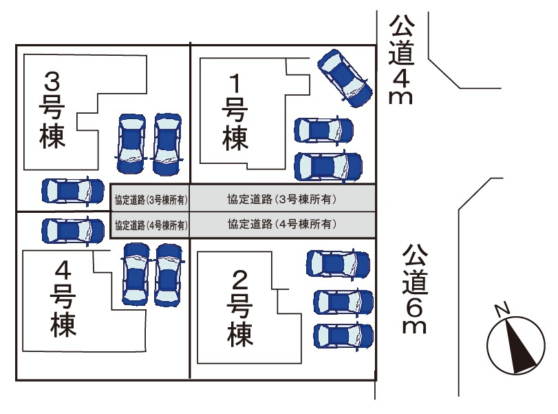 小牧市中央３丁目　新築戸建　２号棟の区画図|駐車場３台可。全４区画。