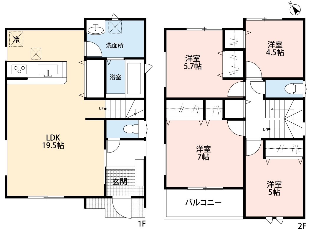 小牧市藤島1丁目　新築戸建　2号棟の間取り|広々LDK19.5帖。パントリーあり。リビング階段。
雨戸シャッター付き。