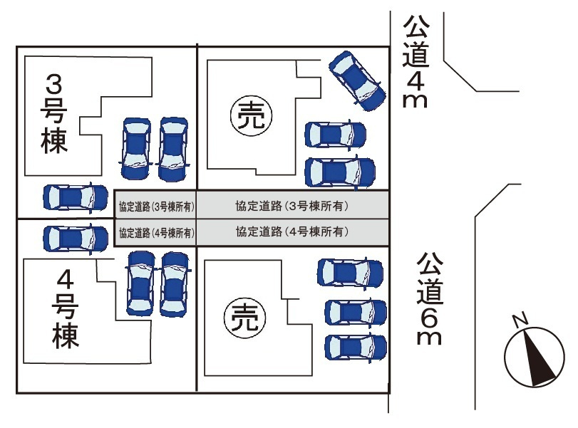 小牧市中央３丁目　新築戸建　４号棟の区画図|駐車場３台可。全４区画。