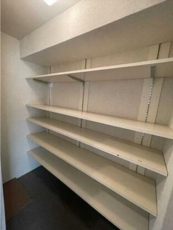 高知市九反田　開放的な眺望の中古マンションの収納|廊下に設けた可動棚収納。日用品やストック置き場に便利