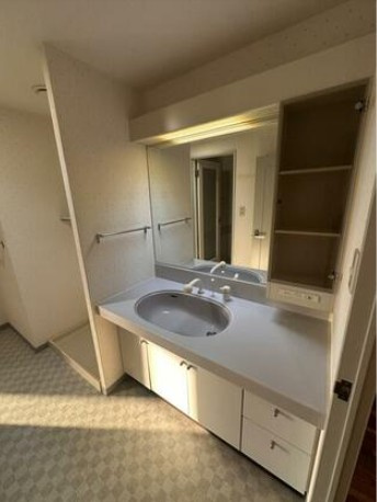高知市九反田　開放的な眺望の中古マンションの洗面所|ゆとりのある洗面台。家族で使いやすい設計