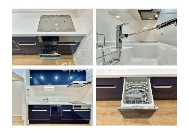 ボナハイツ中川3号棟のキッチン|【システムキッチン】ワイドで収納豊富な使い勝手の良いシステムキッチンには、食洗器や伸縮タイプのキッチン水栓、三ツ口コンロ・魚焼きグリルなどの便利な設備が標準完備されています。