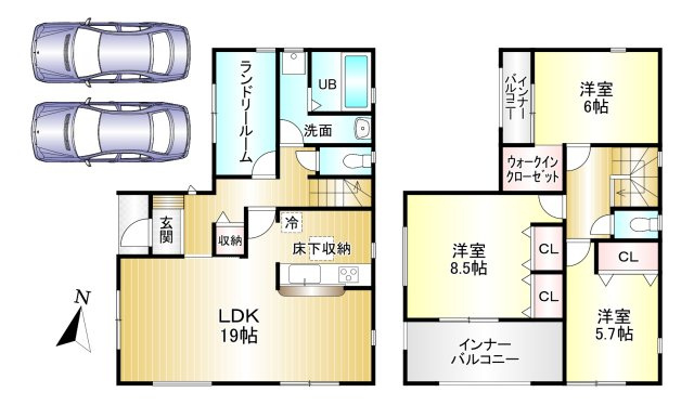 磯城郡田原本町　第2期全2棟の間取り|3LDK　土地面積：122.93㎡　建物面積：115.1㎡　駐車スペース2台