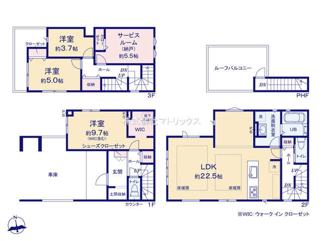 板橋区小茂根2丁目　22.5帖LDK×屋上×2台駐車　大型邸宅の間取り|3(4)LDK+S+土間収納+WIC+屋上ルーフバルコニー+カースペース2台分　敷地面積 80.91ｍ2(車庫・駐輪場部分 14.48ｍ2含む)　建物面積 142.96ｍ2
