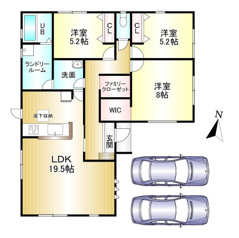 磯城郡田原本町　第2期全2棟　の間取り|3LDK　土地面積：170.76ｍ2　建物面積：93.57ｍ2　駐車2台可