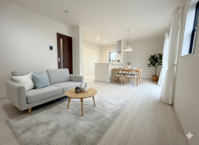 三郷市彦糸1丁目　新築戸建　全5棟　5号棟の居間・リビング|現況の物件写真にCGによる画像処理を行っています。家具、家電、小物、カーテン等はイメージはCGです。