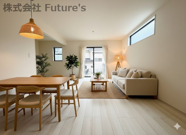 三郷市彦糸1丁目　新築戸建　全5棟　4号棟の居間・リビング|現況の物件写真にCGによる画像処理を行っています。家具、家電、小物、カーテン等はイメージはCGです。