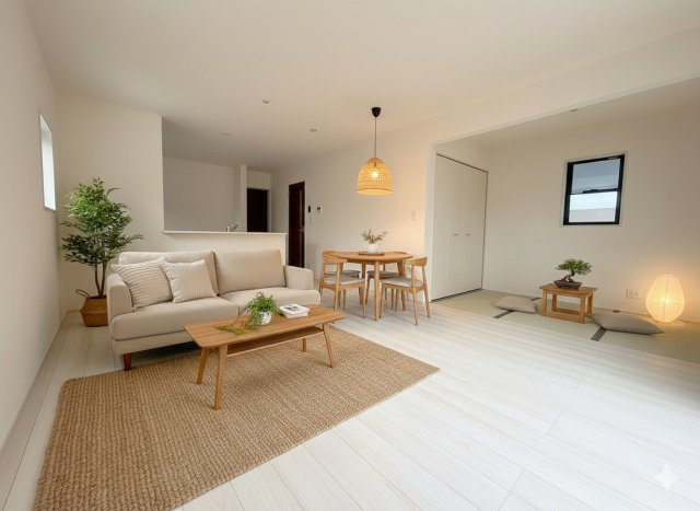 三郷市彦糸1丁目　新築戸建　全5棟　4号棟の居間・リビング|現況の物件写真にCGによる画像処理を行っています。家具、家電、小物、カーテン等はイメージはCGです。