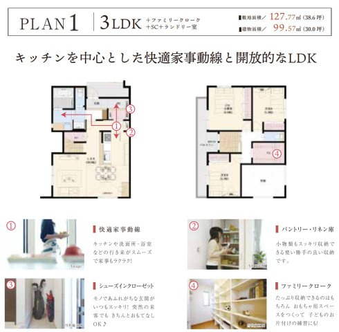 川越市大字寺尾　新築一戸建て　1号棟の間取り|３LDK、土地面積：１２７.２７m2、建物面積：９９.５７m2