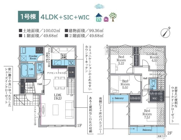 【間取り】 | コミュニケーションが取りやすく、家族を身近に感じられる間取り♪
収納力が高く片づけ上手になれる住まい（SIC・WIC付き）