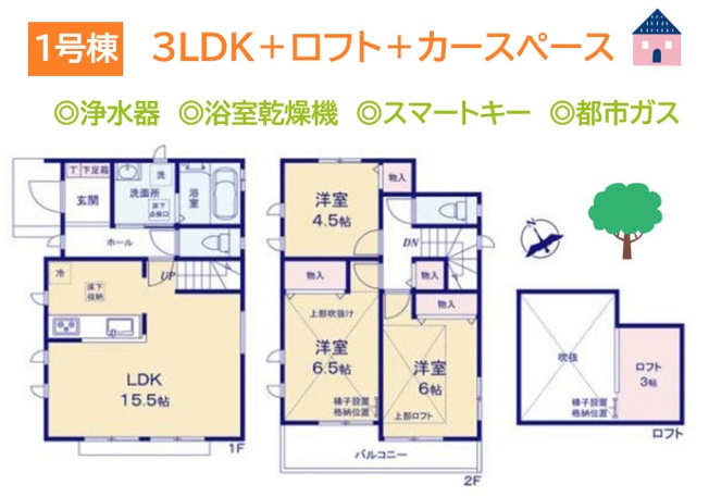 【間取り】 | 【1号棟】空間を活かした開放感溢れる３LDK＋ロフト付き◎　
ファミリーにも十分な広さで、豊富な収納が備わっております。