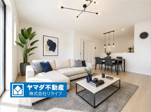 【商談中】ハートフルタウン　各務原市鵜沼東町　全3区画分譲の居間・リビング|※家具はCGによるイメージ　フローリング材には木目調で木材特有の風合いがあり、ナチュラルな美しさになっています。