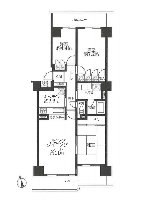 ベルヴィル大宮B棟の間取り|ベルヴィル大宮B棟、3LDK、専有面積74.03m2、バルコニー面積17.57m2
