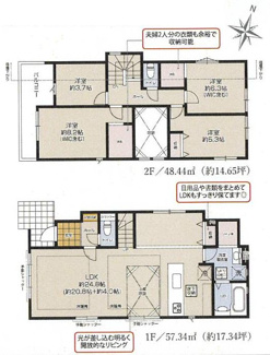 【間取り】 | 大和市南林間9丁目  1号棟 9期 | 4LDK　都市ガス　リビング及びダイニングに床暖房　シャッター3箇所付　食洗器・浄水器　浴室乾燥機+窓　ダイニング上部吹抜　リネン庫　WIC2箇所　LDK24.8帖
