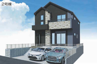 【外観パース】 | 【仲介手数料無料！！】日野市三沢4丁目　新築戸建て（全2棟）2号棟　5999万円 | 本パースは、イメージ図につき、風景、建物、植栽などについては施工後の現物との差異が生じます
つきまして本パースによって生じたいかなる損害については一切責任を負いません