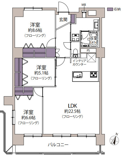 【間取り】 | 弥生パインマンション | 南向きのバルコニーに面した明るい3LDKです。収納が充実しているので居住スペースはスッキリと使えます