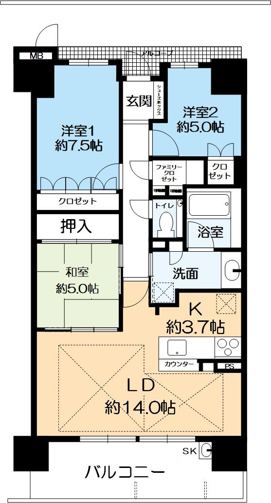千里中央エアヒルズの間取り|専有面積82.04㎡　3LDK+ファミリークローゼット