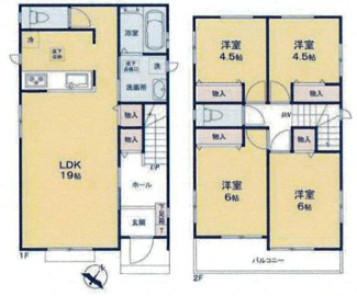 【間取り】 | 座間市ひばりが丘2丁目 F号棟 | 太陽光発電　掃き出し窓シャッター付　Ｗロックディンプルキー（スマートキー）　二部屋から行き来できるバルコニー　浴室乾燥機+窓　全居室収納　リビング収納　LDK19帖