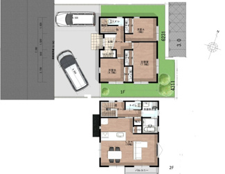 【土地図＋建物プラン例】 | 四街道市もねの里4丁目　建築条件付売地　総武線【物井】駅 | 建物参考価格：2280万円
※諸費用別途
建物面積：92.74㎡（28.05坪）