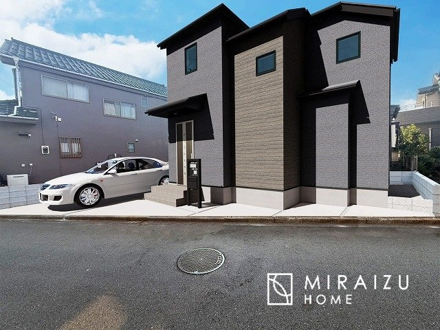 【外観】 | 青く澄み渡った綺麗な空と、陽の光をたっぷりと受ける、そんな新築住宅で新生活をスタートしてみませんか？※実際の写真に外観パースを重ねたCG画像です。