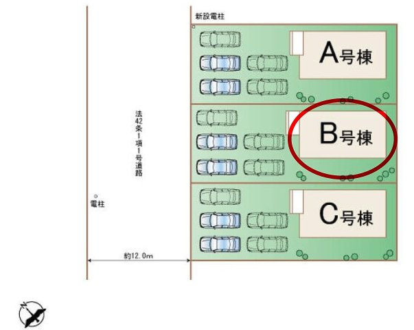 ハートフルタウン 前橋市広瀬町3丁目1番　B号棟の区画図|駐車場並列３台ご用意しています！最大5台ＯＫ！
前面道路も広く車の出し入れもしやすいです！