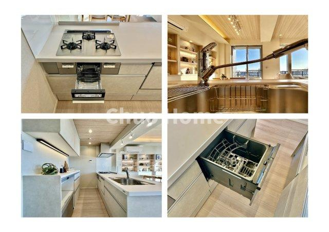 エルフィーノ浅草のキッチン|【システムキッチン】ワイドで収納豊富な使い勝手の良いカウンターキッチンには、食洗器や伸縮タイプのキッチン水栓、三ツ口コンロ・魚焼きグリルなどの便利な設備が標準完備されています。