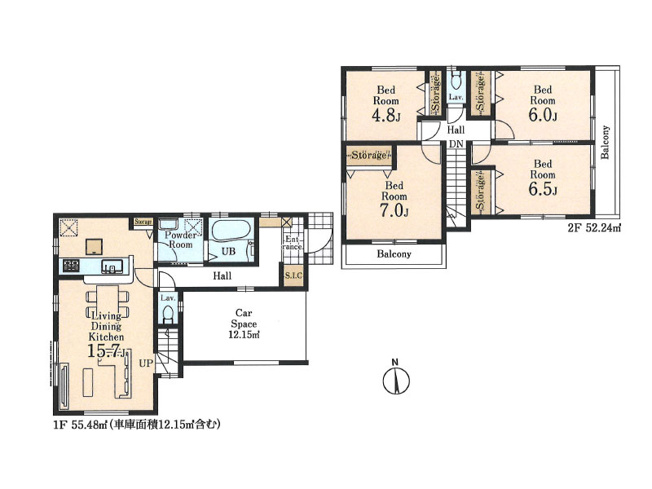 【区画図】 | ふじみ野市亀久保　新築一戸建住宅　全1棟　(ふじみ野店) | ビルトインガレージ1台、カースペース1台の計2台駐車でき、セカンドカーをお持ちの方にもオススメです。※図面を基に作成しています。現況と異なる場合は現況を優先いたします。