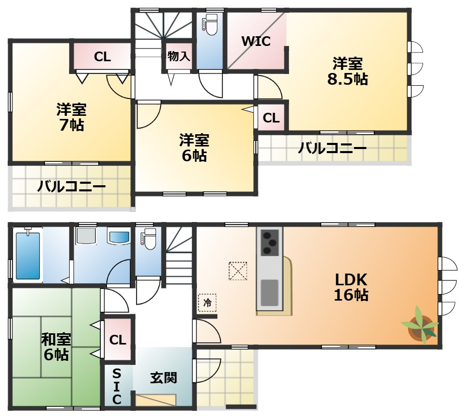 LiveleGarden.S下野烏ケ森の間取り|全室南向きで陽当たりの良い間取りです