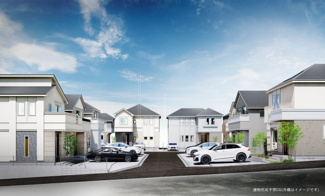 【外観パース】 | 【仲介手数料無料！！】稲城市坂浜　新築戸建て（全11棟）8号棟　5080万円 | 本パースは、イメージ図につき、風景、建物、植栽などについては施工後の現物との差異が生じます
つきまして本パースによって生じたいかなる損害については一切責任を負いません