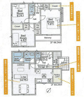 【間取り】 | 綾瀬市落合南3丁目  1号棟 第17 | 都市ガス　防犯カメラ（利用時Wifi接続必要）　引き違い窓シャッター付　人感センサー付玄関灯　浴室乾燥機+窓　全居室収納　LDK14.7帖　メイン洋室7.8帖