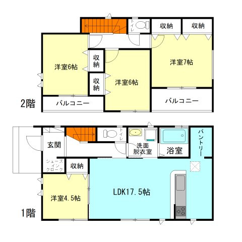 【間取り】 | ハートフルタウン前橋市広瀬町3丁目ーB | 全居室洋室仕様＋南向き！
2階は6帖以上のゆったり間取り！
キッチンには便利なパントリー収納付き！