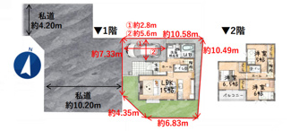 【間取り】 | 所沢市小手指元町３丁目　全１棟 | 間取り＋区画図　３ＬＤＫ　土地面積　102.02ｍ２　建物面積　81.14ｍ２　カースペース１台分