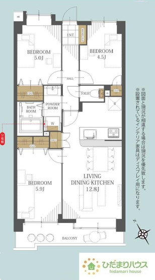 【間取り】 | キャッスル土浦  | 2部屋から出入りできるバルコニーで、お洗濯物の干し分けもできちゃいますね(^^♪