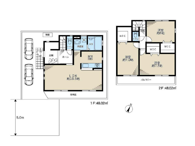 【間取り】 | 東久留米市下里5丁目　中古一戸建住宅　(保谷店) | 2台駐車可！LDK18.5帖、他居室6帖以上の広さを確保したゆとりの3LDK。SIC、3つのWICなど収納も豊富です。※図面を基に作成しています。現況と異なる場合は現況を優先いたします。