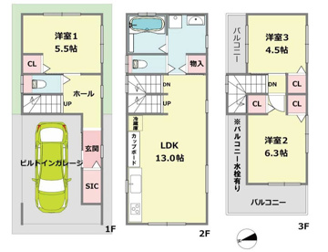 ３ＬＤＫ車庫付きのゆとりのプラン