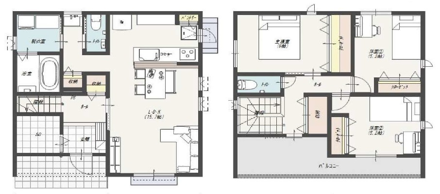 鴨部　１号地　建築条件付き　売土地　（全5区画）の参考プラン|プラン例　建物価格　2,390万円　建物面積　92.75㎡　（約28.06坪）