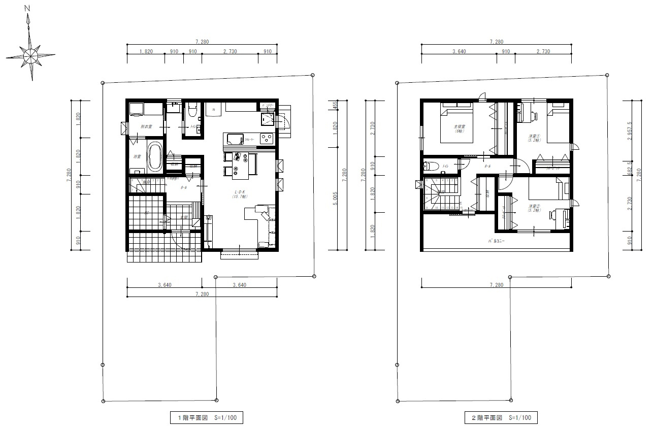 鴨部　１号地　建築条件付き　売土地　（全5区画）の参考プラン|プラン例　建物価格　2,640万円　建物面積　92.75㎡　（約28.06坪）