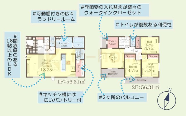 かすみがうら市下稲吉2期　新築戸建て　4号棟の間取り|4LDK＋WIC＋パントリー、土地面積204.93ｍ2、建物面積112.62m2