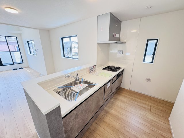 松戸市古ケ崎２丁目新築戸建【北部小学校：9分】のキッチン|お手入れしやすいレンジフード・シンクの水栓には浄水器がついてます！