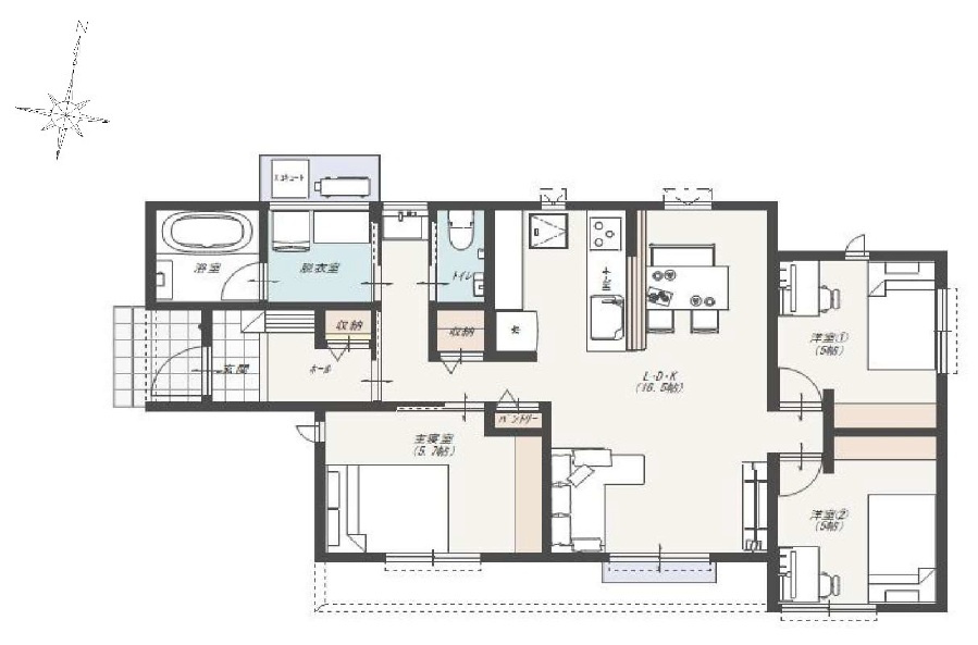 鴨部　4号地　建築条件付き　売土地　（全5区画）の参考プラン|4号棟　プラン例　建物価格　2,130万円　建物面積　72.04㎡　（約21.79坪）