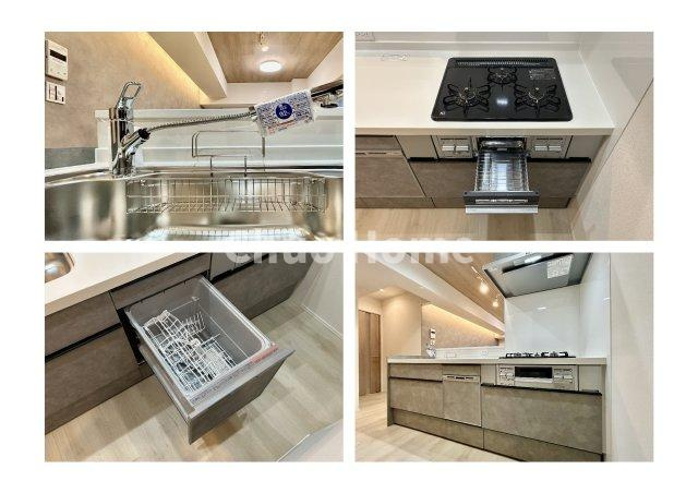 T-WOODのキッチン|【システムキッチン】ワイドで収納豊富な使い勝手の良いカウンターキッチンには、食洗器や伸縮タイプのキッチン水栓、三ツ口コンロ・魚焼きグリルなどの便利な設備が標準完備されています。