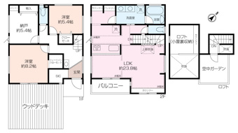 【拘りの間取】2LDK+納戸、ウォークインクローゼット、シューズインクローゼット、パントリー、ロフト、ルーフバルコニー、ウッドデッキ